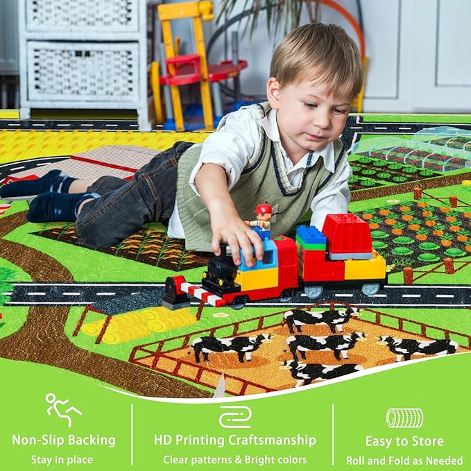 Kids Rug Play Rug for Toy Cars, 39.4"×59" Farm Life Road Traffic for Playroom Kid Car Road Mat Village Map Play Mat Non-Slip Washable Carpet for Toddler Boy Family Tummy Time Playtime