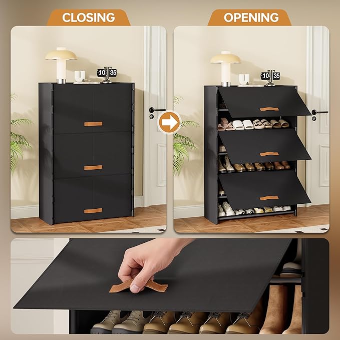 6-Tier Shoe Storage Cabinet with Hard Flip Doors, Holds 18–24 Pairs, Enclosed Dustproof Shoe Rack Organizer for Entryway, Closet & Bedroom, Space-Saving Shoe Shelf, Black, 27.8" x 12.0" x 41.9"
