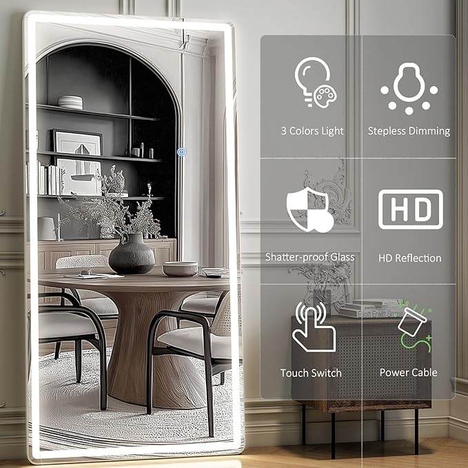 GLSLAND 34x76 inch Full Length Mirror with Lights - LED Full Body Mirrors Stepless Dimmable 3 Color Lighting Floor Standing Hanging for Bedroom Cloakroom,White