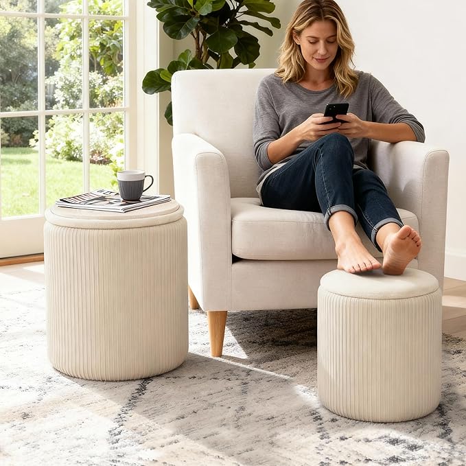 CAROLMADE Set of 2 Round Ottoman with Storage, Upholstered Vanity Stool Support 330lbs Multifunctional Coffee Table Ottoman Velvet Foot Rest Stool or Living Room Bedroom Dorm (Beige)