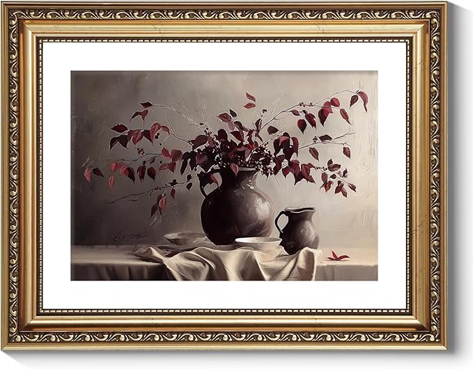 ARPEOTCY Vintage Gold Framed Wall Art Decor, 11x14 Inch Vase Still Life Painting Artwork, Classical Canvas Wall Art for Living Room Bedroom, Antique Farmhouse Kitchen Decor