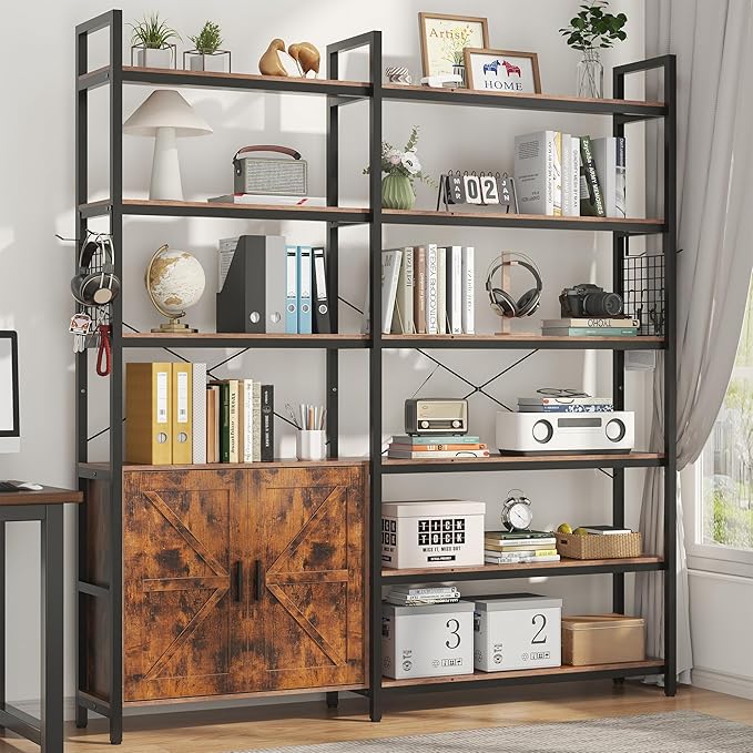 Semoic 6-tire Farmhouse Corner Book Shelf with 2 Barn Doors and 10 Storage Shelves, 71.3" Tall Convertible Etagere Bookcase with Storage Cabinet, Large L Shaped Bookshelf for Living Room(Rustic Brown)