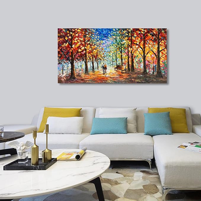 Hand-Painted Forest Landscape Painting 24x48 Inchs Art Wall Palette Knife Oil Painting Modern Abstract Landscape Art