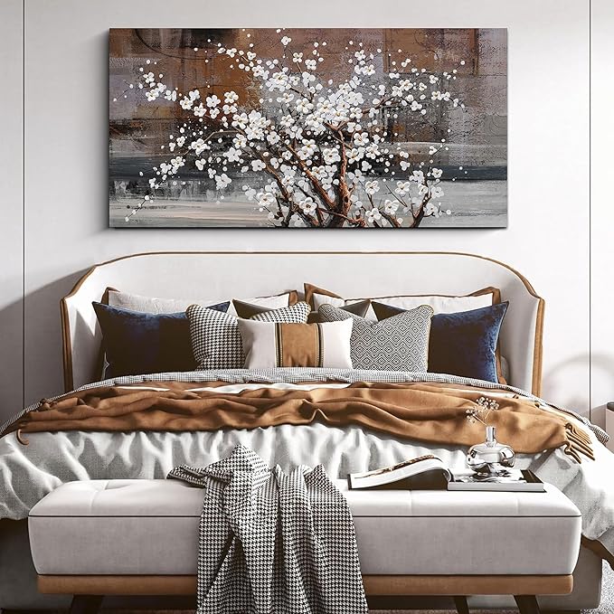 Wall Art for Living Room Large Modern Wall Decor Canvas Paintings for Wall Decorations White Flower Graffiti on Brown Background Bedroom Office Artwork Plum Blossom Art Prints Framed 24x48 inches