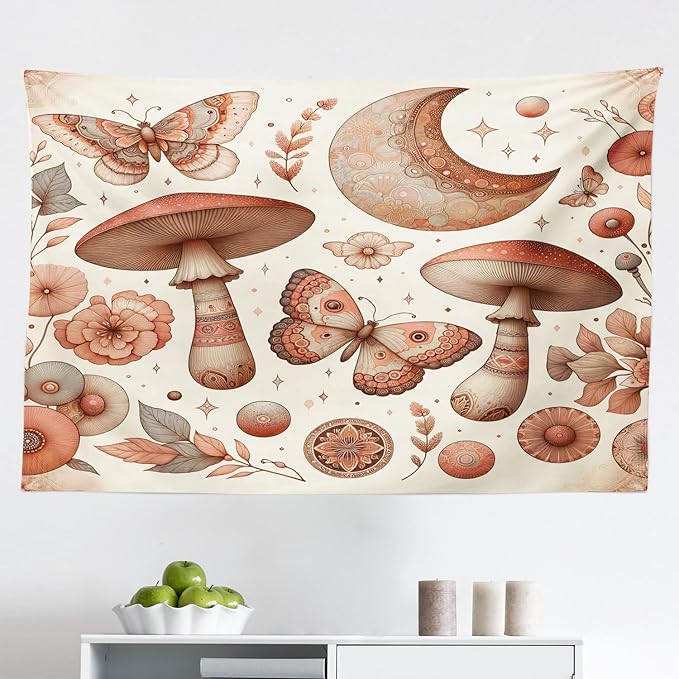 Ambesonne Mandala Tapestry, Medieval Witchcore Art Mushroom Butterfly and Crescent with Leafy Details, Fabric Wall Hanging Decor for Bedroom Living Room Dorm, 45" X 30", Dark Salmon Eggshell