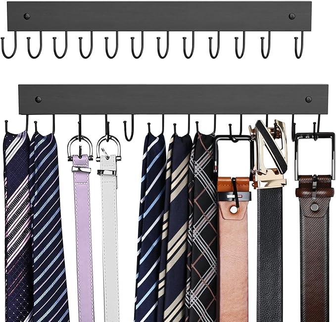 Belt Hanger Wall Mounted, Wooden Belt Organizer 2 Pack Max 24 Storage Capacity, 180° Rotating Space Saving Hangers for Ties, Tank Tops, Scarves, Bras, Keys, Bags Halloween Black