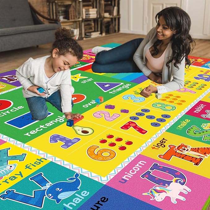 ABC Carpet, Kids Rugs for Playroom, Educational Play Mat for Kids, Preschool Rugs with ABC, Numbers, Animals Learning Carpet for Bedroom Playroom Classroom Baby Children (Yellow, 118X78.7 INCH)