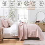 HORIMOTE HOME Quilt King Size Light Pink, Lightweight Quilt for Summer Ultra-Soft Microfiber Modern Style Quilted Clouds Pattern Bedspread Quit Set 3 Pieces(1 Quilt and 2 Pillow Shams)