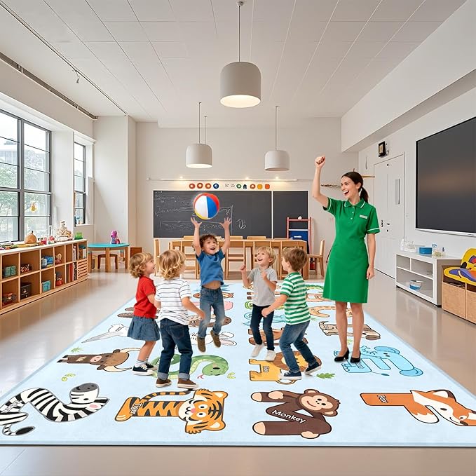 Kids Rugs for Playroom - 6x9 Feet ABC Alphabet Rug for Classroom Preschool Educational Learning Animals, Kids Room Rugs Toddler Nursery Kindergarten Decor, Blue
