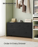 SONGMICS Dresser for Bedroom, Chest of Drawers, Steel, MDF, 5 Non-Woven Fabric Drawers, Storage Organizer Unit, Closet, Entryway, Ink Black and Ebony Black ULGS322B01S