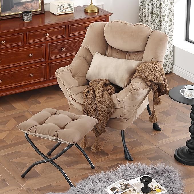 Lazy Chair with Ottoman, Modern Accent Chair with Lumbar Pillow, Velvet Khaki Sofa, Lounge Chairs with Folding Footrest, Oversized Supportive Chairs for Bedroom, Reading
