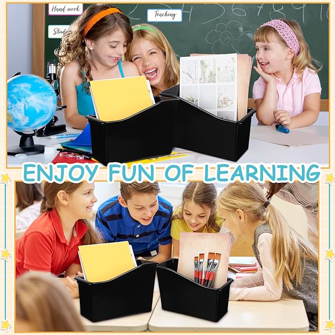 Fuutreo 12 Pieces Book Bins for Classroom Plastic Binder Holder Magazine Stuff Folder File Organizer Box for Home Office School Supplies(24 pcs,Black)