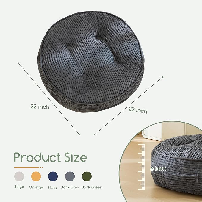 6" Washable Floor Pillow Cushion for Adults, Meditation Cushion Pillow, Large Round Floor Sitting, Removable Tufted Corduroy Cover, for Tatami Living Room or Yoga, 22x22 Inch, 2Pack, Machine Washable