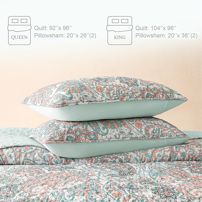 Exclusivo Mezcla Reversible Boho Quilts Queen Size, Aqua Bedspreads Lightweight Coverlet All Season Paisley Quilt Bedding Set with Printed Floral Pattern (1 Quilt, 2 Pillow Shams)