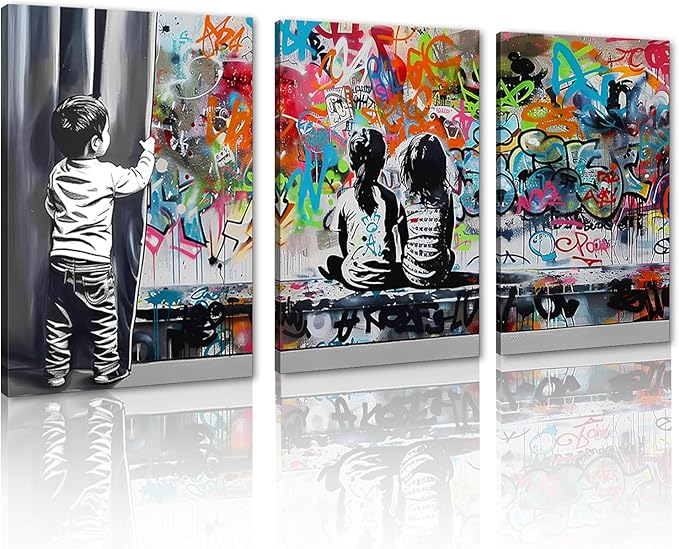 Novatique Banksy Canvas Wall Art Street Graffiti Wall Art Behind the Curtain Print Pictures Modern Cool Painting Pop Art Wall Decor for Living Room Bedroom,24" x 36" x 3pcs