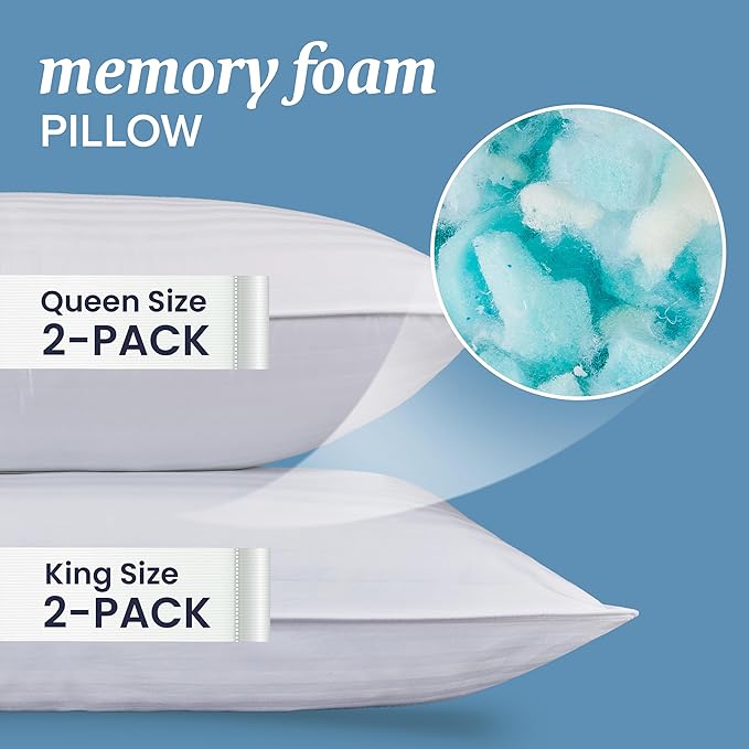 Beckham Hotel Collection Shredded Memory Foam Pillow 2-Pack Queen | Adjustable Fill Cooling Bed Pillows for Side, Back & Stomach Sleepers