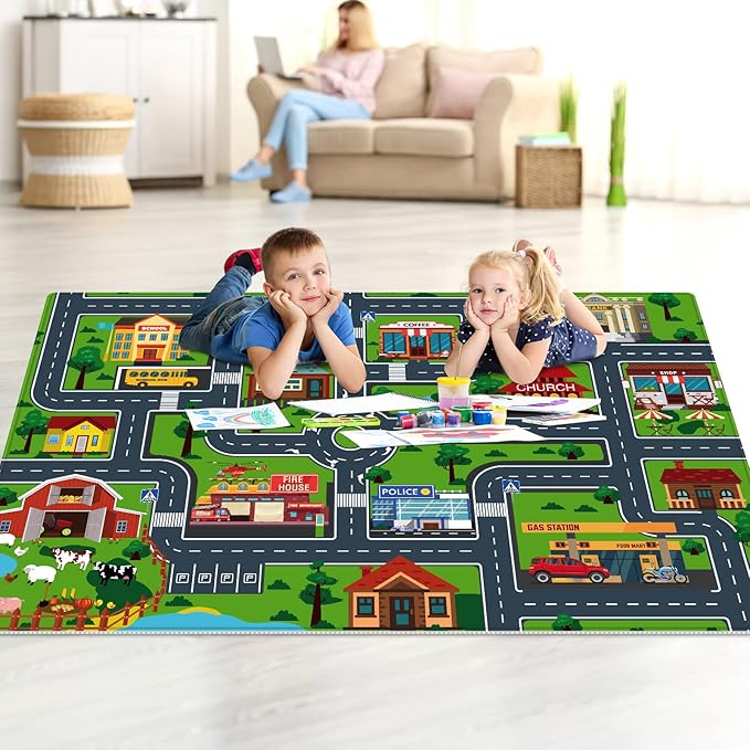 Kids Car Playmat, Kids Rug for Playroom Car Mat Town City Road Traffic Rugs, Play Mat for Floor, Extra Large Boys Kid Car Track Play Rug (Style Four, 59X 39.4 INCH)