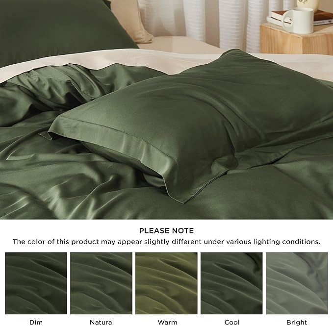 Bedsure 100% Rayon Derived from Bamboo Duvet Cover King Size - Lightweight Silky Cooling Comforter Cover Set for Hot Sleepers, Breathable & Moisture-Wicking Bedding Set, Olive Green