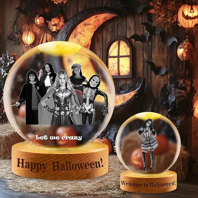 Customizable Halloween Crystal Ball Engravable Photo Text Personalized Luminous Snow Globe Suitable for Halloween Party Decorations to Create A Spooky Atmosphere