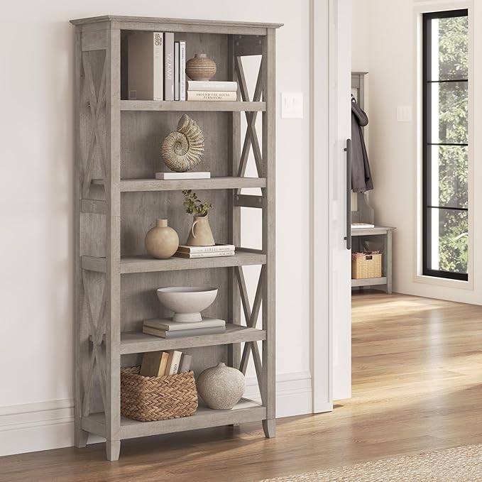 Bush Home Tall 5 Shelf Bookcase for Living Room or Home Office, Large Bookshelf, Modern Farmhouse Style, Key West Collection, Washed Gray