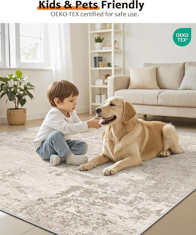Art&Tuft Washable Rugs 5x7, Abstract Area Rugs for Living Room - Non Slip and Low Pile Soft Thin 5x7 Rug for Bedroom, Dining Room, Kitchen, Office, Beige
