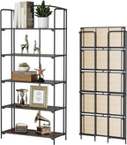 Crofy No Assembly Folding Bookshelf for Living Room, 5 Tier Black Collapsible Book Shelf for Home Office, Portable Bookcase Storage Organizer