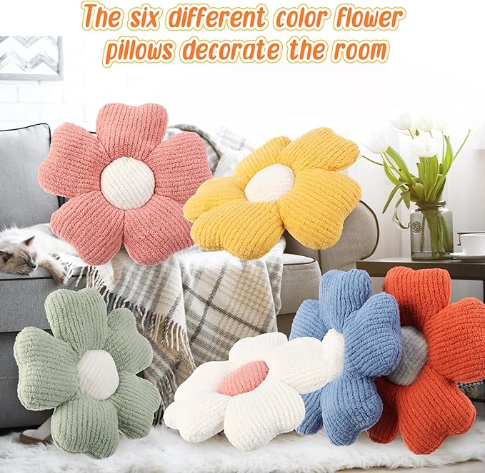 6 Pcs Flower Shaped Pillows Daisy Floor Throw Pillows 15 Inch Flower Seat Cushion for Reading Sofa Couch Bed Decor for Back to School First Day of School(Vivid Color)