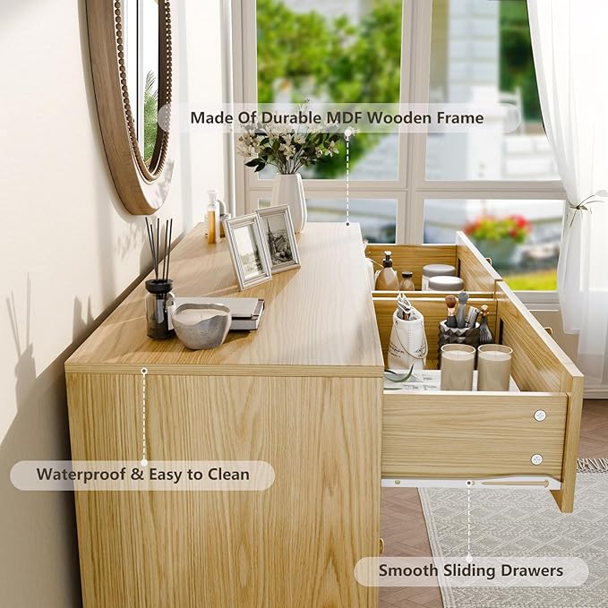 6 Drawer Storage Rattan Dresser, Boho Dresser Chest for Bedroom Hallway Living Room, Oak