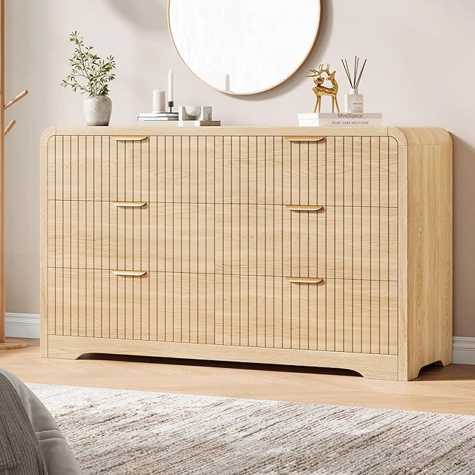 Modern 6 Drawer Dresser, 47" Wide Wood Dressers & Chests of Drawers Curved Profile Design, Mid Century Modern Fluted Dresser for Bedroom, Natural Oak