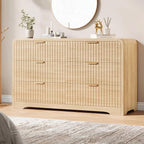 Modern 6 Drawer Dresser, 47" Wide Wood Dressers & Chests of Drawers Curved Profile Design, Mid Century Modern Fluted Dresser for Bedroom, Natural Oak