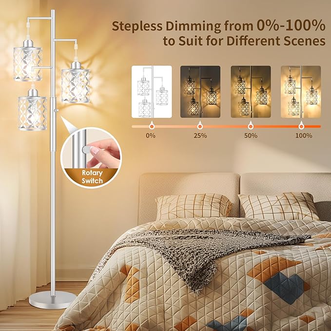 68" Dimmable Floor Lamp, Modern Standing Lamp with Elegant Metal Cages, Industrial Tall Tree Floor Lamps for Living Room, Bedroom, Study Room, Office (2000LM LED Bulbs Included) - Silver