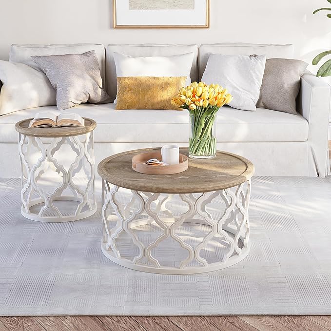 karlott Farmhouse Coffee Table, French Country Round Coffee Table with Distressed Tray Top, Coastal Coffee Tables with Curved Motif Frame Base, Boho Center Table for Living Room, Dining Room, Bedroom