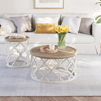 karlott Farmhouse Coffee Table, French Country Round Coffee Table with Distressed Tray Top, Coastal Coffee Tables with Curved Motif Frame Base, Boho Center Table for Living Room, Dining Room, Bedroom