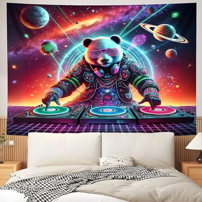 NYZE Blacklight Tapestry Panda Music Wall Tapestry Art Party Banner Colourful Poster Design Tapestries for Hip Hop College Dorm Room Bedroom Wall Decor 59in×51in