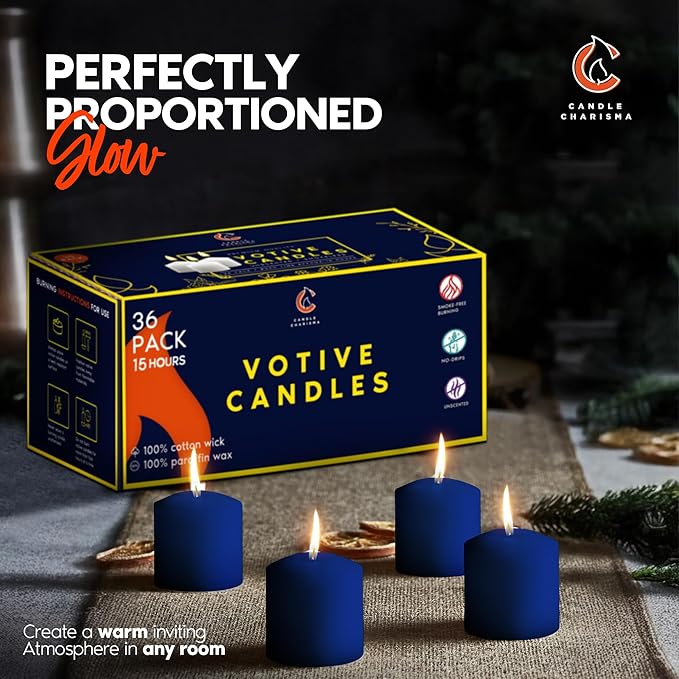 Candle Charisma Blue Unscented Votive Candles - 15 Hour Burn time - Set of 36 for Dinner, Wedding, Halloween and Holiday Decorations
