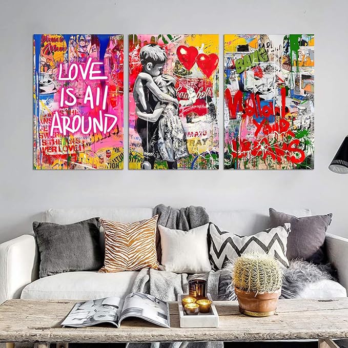 Novatique Banksy Wall Art Street Wall Art Modern Colorful Graffiti Painting Artwork Home Decor Love All Around Graffiti Art Poster for Living Room Bedroom, 24”x 36”x 3Pcs
