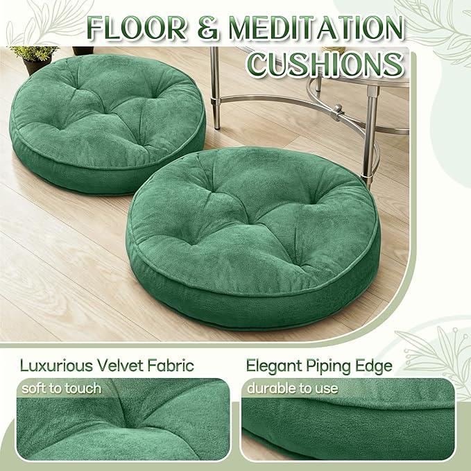 Floor Pillow Set of 2, Memory Foam Meditation Cushion, Floor Cushions for Adults Sitting, Large Round Seat Cushions for Yoga, Living Room, 20x20 Inch (Round | Green)