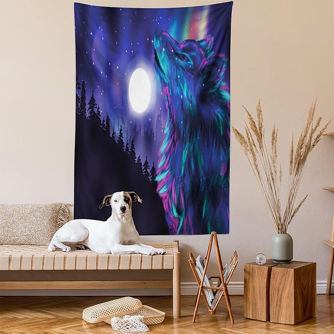Ambesonne Moon Tapestry Queen Size, Northern Imagery Aurora Borealis Wolf Forest Starry Night, Wall Hanging Bedspread Bed Cover Wall Decor, 88" X 88", Magenta Indigo