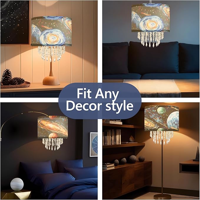 Space Planet Galaxy Lamp Shade with Acrylic Bead Droplets, Universe Drum Fabric Light Shade for Ceiling Pendant Table & Floor Lamp, Kid Boy Teen Room Decor, 11.8in