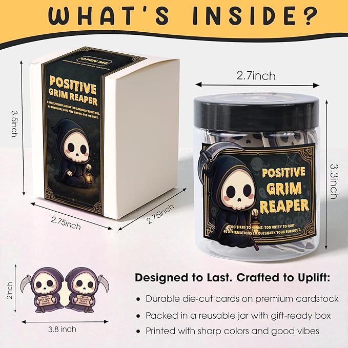 Positive Grim Reaper Jar – 60 Funny Emotional Support Grim Reaper, Dark Humor Spooky Gifts, Halloween Basket Stuffers for Adults Women Men, Halloween Gifts for Adults, Coworkers, Boo Basket Stuffers