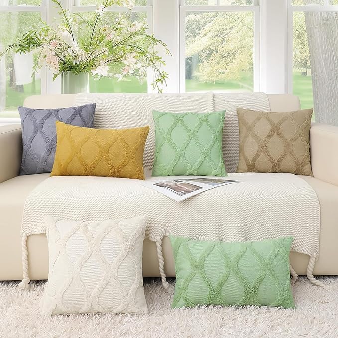 decorUhome Spring Throw Pillow Covers 12x20 Inch Set of 2, Soft Plush Faux Fur Wool Lumbar Sage Green Couch Pillow Covers, Decorative Neutral Pillow Cases for Bed Sofa Living Room Home Decor