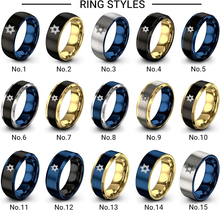Mezuzah star Of David Ring - Gift for Jewish Family - Flat Dome Bevel - 8mm - Men Women - Yellow Gold Black Silver Blue - Anniversary Wedding - Personalized Custom Engraving - Band - Brushed Polished