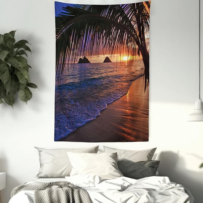 Ambesonne Hawaiian Tapestry Queen Size, Pacific Sunrise at Lanikai Beach Hawaii Sandy Tropics Hills Leaves Landmark, Wall Hanging Bedspread Bed Cover Wall Decor, Queen Size, Umber Purple