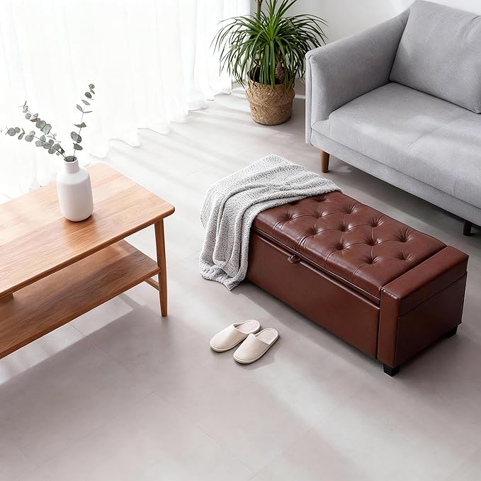 43.31'' Storage Ottoman Bench, Upholstered Tufted Bedroom Bench with Storage, End of Bed Storage Bench for Living Room & Entryway, 350 lb Capacity, Leather Brown