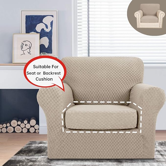 YEMYHOM Stretch Individual Cushion Covers Sofa Chair Seat Cushion Slipcovers Soft Couch Cover Replacement Large Checkered Furniture Protector with Elastic Bottom (1 Pc Cushion Cover, Khaki)