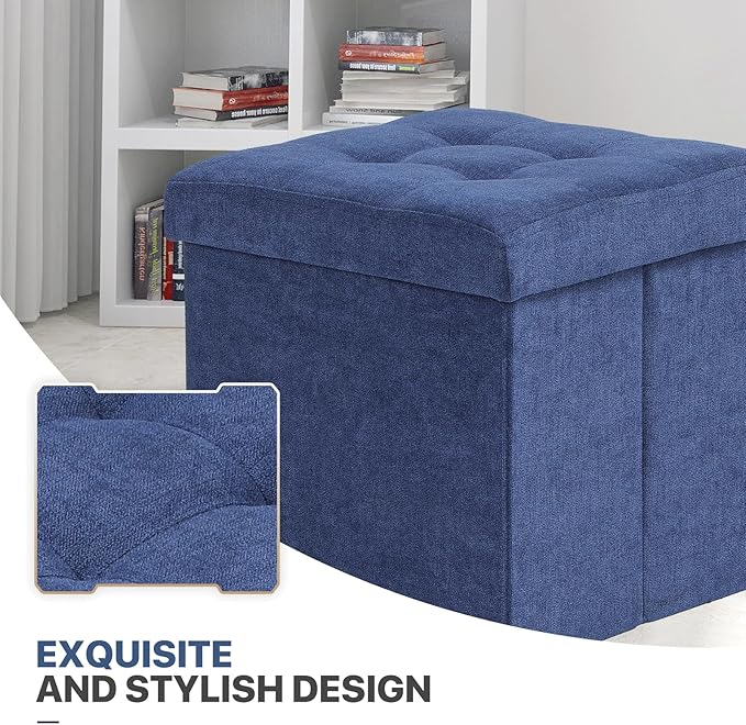 MoNiBloom 15 Inch Storage Ottoman Cube, Folding Square Foot Rest Stool, Small Ottoman Footrest with Storage for Living Room, Bedroom, Entryway, Navy Blue