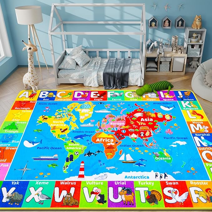 World Map ABC Kid Rug for Playroom Geography 59"×39.4" Classroom Play Rug Educational Baby Playmat Alphabet Rug for Primary School Fluffy Ployester Non-Slip Preschool Rug for Nursery Room