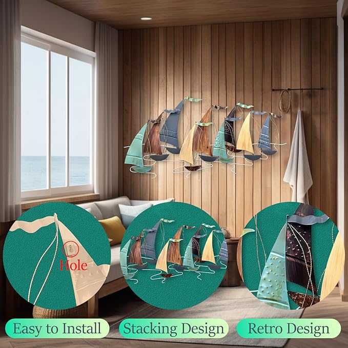 edaknez Large Metal Sailboat Wall Decor, 51" x 26" Ship Wall Art, Coastal Nautical Boat Wall Art Decor, Large Ship Wall Sculptures, for Living Room Bedroom