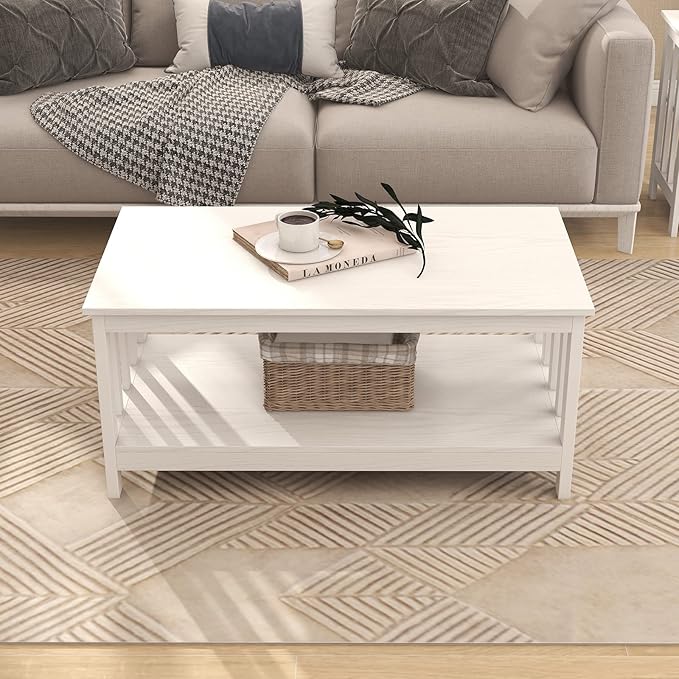 ChooChoo Farmhouse Coffee Table, Pure White Living Room Table with Shelf, 40 Inch