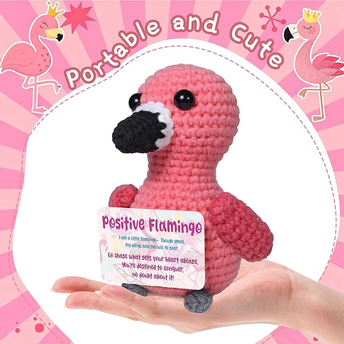 Mini Positive Flamingo Crochet Gifts, Birthday Gifts for Women Men Handmade Presents, Inspirational Small Animals Cute Flamingo, Emotional Cheer Up Funny Decor (Positive)